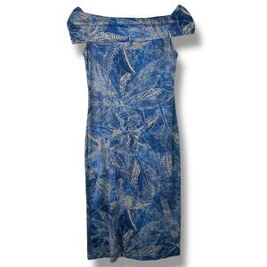 Vintage Lauren Ralph Lauren Indigo Multi Tropical Floral Off-the-Shoulder Dress